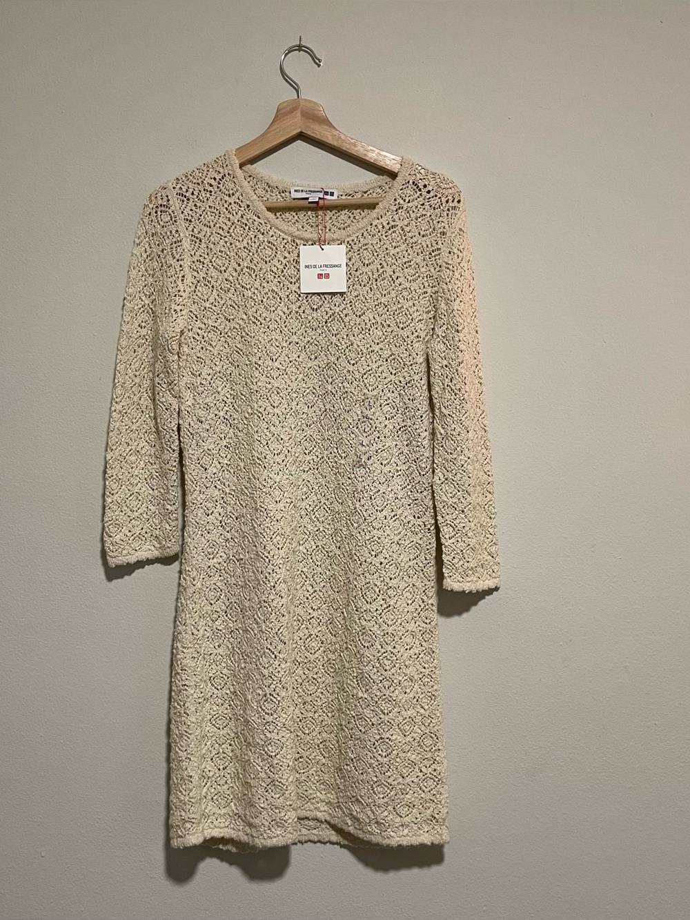 NWT Uniqlo x Ines De La Fressange Cream Long-sleeve Crochet Dress, Size Large